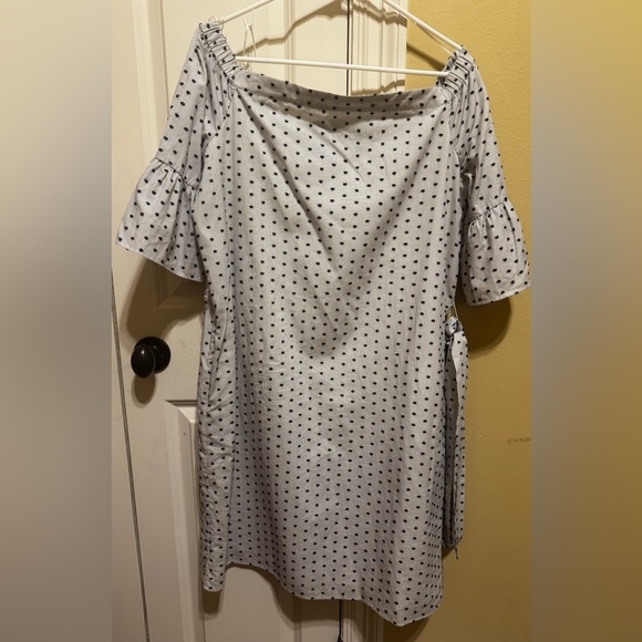 Banana Republic Swiss Dot Off Shoulder Dress Navy Blue Dots Belt Sz M Tall - Picture 4 of 15